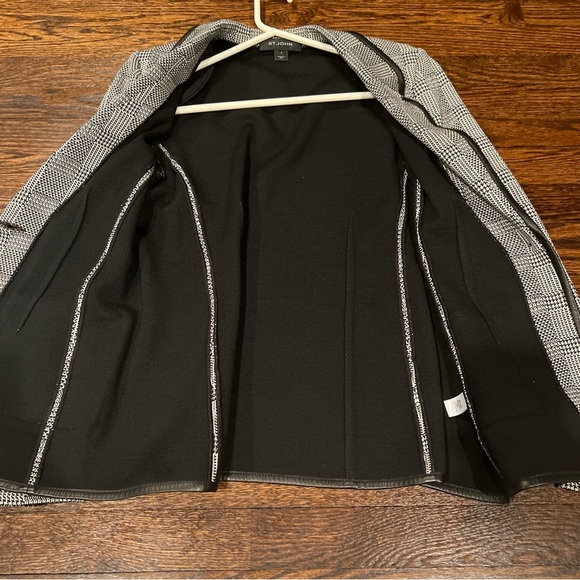 St John Knits Santana Houndstooth Plaid Suit Jacket Blazer Leather 8 - Picture 6 of 6